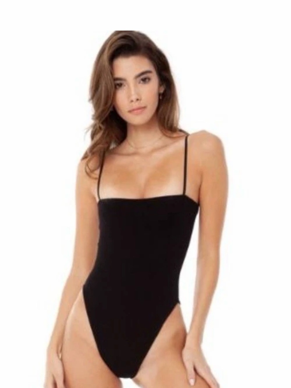 ARE YOU AM I Black Slim-Strap Square Neck Bodysuit